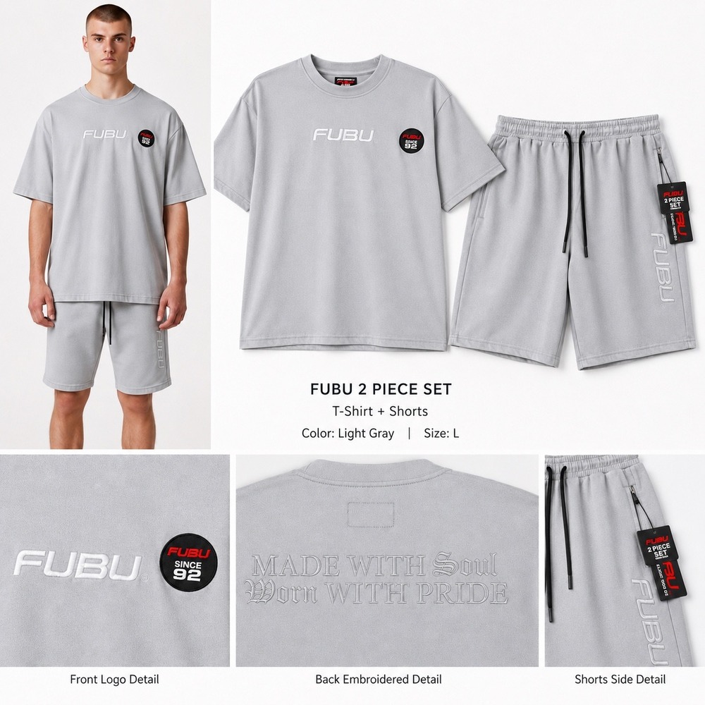 FUBU Mens 2 Piece T-Shirt and Shorts Set Light Gray Embroidered Logo Size M